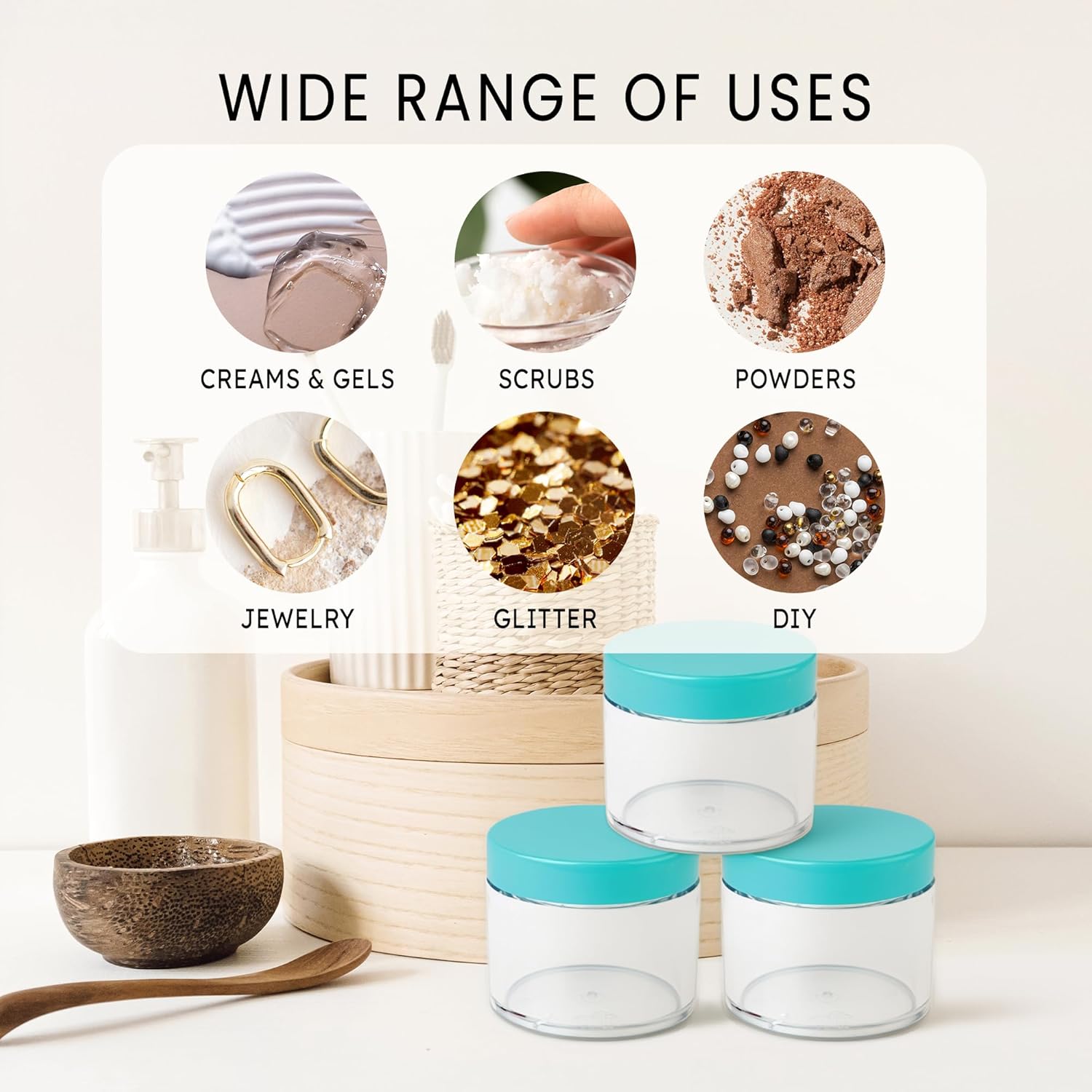 Beauticom® (2 Oz) 60 Gram / 60 ML (Quantity: 36 Pieces) Thick Wall Round Leak Proof Clear Acrylic Jars with Teal Lids for Makeup, Scrubs, Cream, Cosmetics, Salves, Ointments