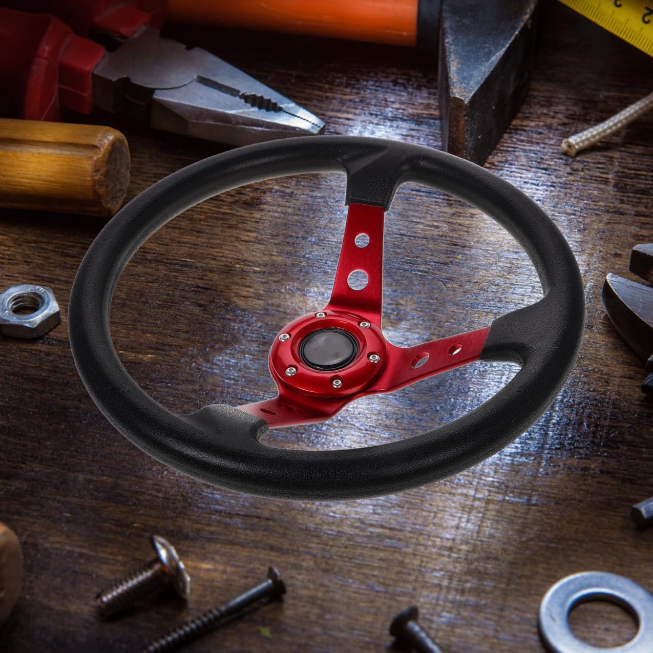 Universal 14-inch 350mm Pu Racing Drift Steering Wheel with Horn Button for Car, Golf Cart, and Truck Simulator, Red Flat-bottom Steering Wheel for Racing and Gaming