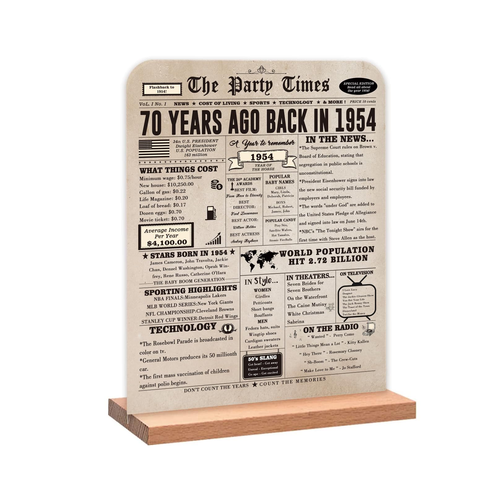 QiFyLeo Classic 70th Birthday Decorations Gifts for Men/Women — Retro 70th Anniversary for Mom/Dad?Vintage Two-sided Back in 1954 Newspaper Poster, 70 Year Old Birthday Party Decor
