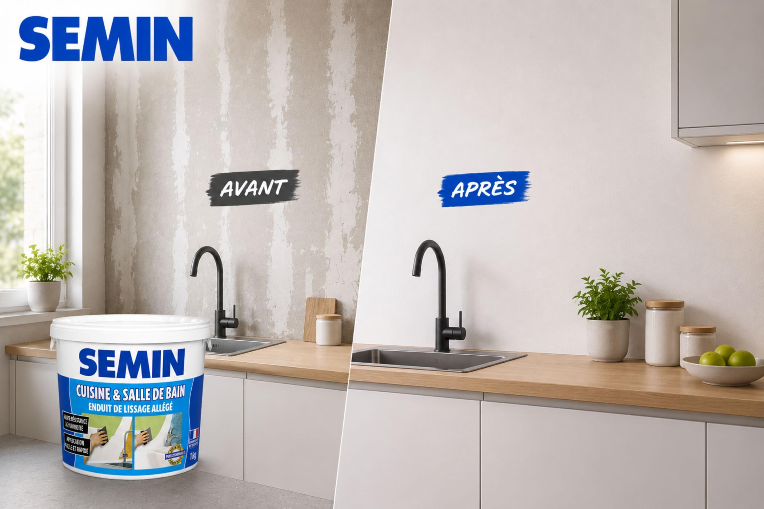 SEMIN Kit Lissage Salle de Bain & Cuisine – Enduit Hydro Pièces Humides 1 kg + Lame CE 78 15 cm + Raclette à Lisser – Prêt à l’Emploi – Finition Murale Avant Peinture- Cuisine & Salle de bain