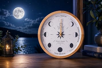 Planeteco Moon Master - Precision Lunar Phase Wall Clock - Accurate Moon Tracking & Easy-to-Read Dial for Lunar Cycle - Stylish Round Moon Phase Clock - Celestial Home Decor - Natural Stain