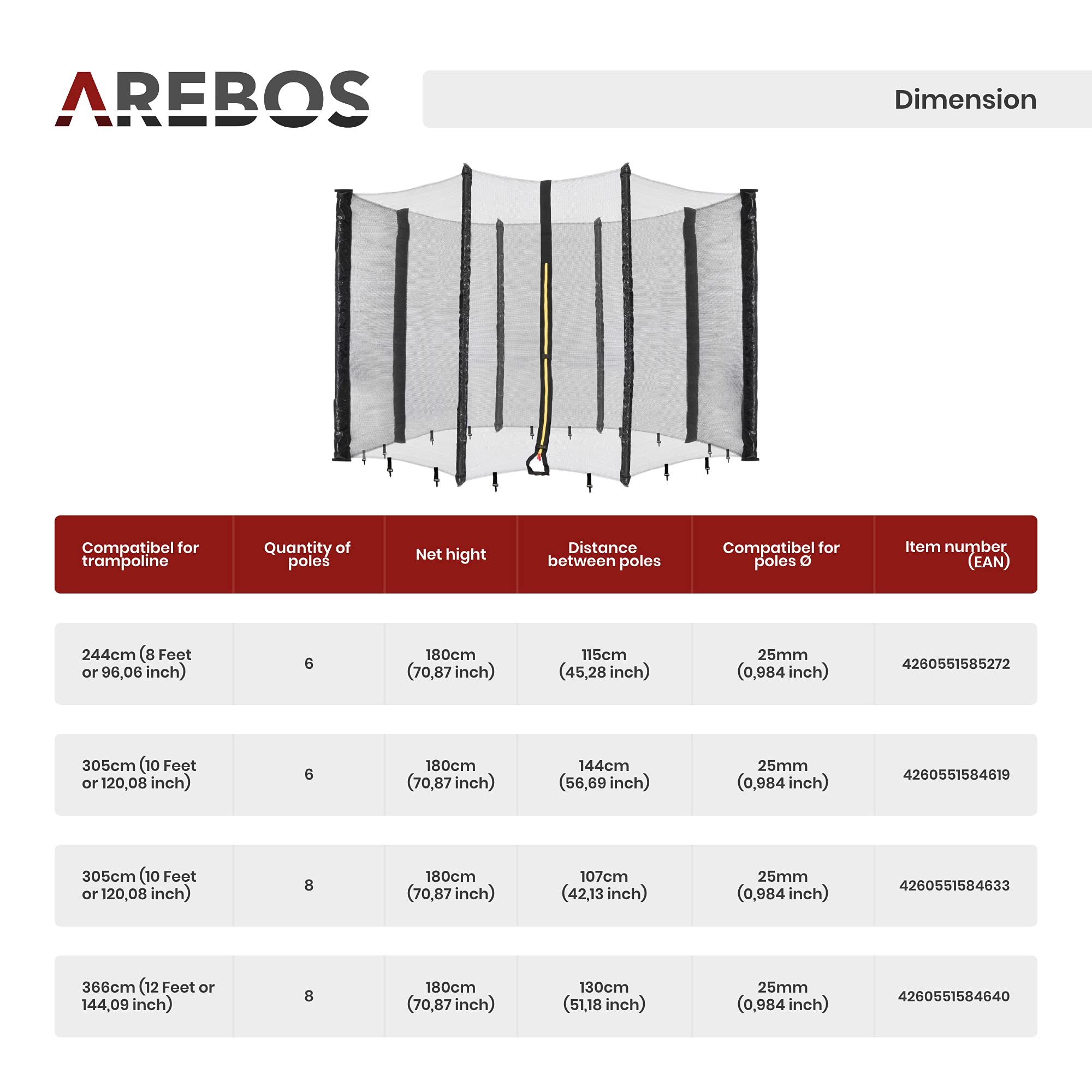 Arebos Trampolino e Rete | Rete di Sicurezza | 244, 305, 366, 396, 430, 460 e 490 cm