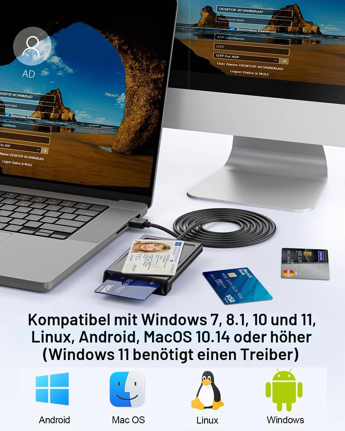 USB Chipkartenleser mit NFC,Personalausweis Lesegerät Chipkartenlesegerät Smart Card Reader NFC Lesegerät Kompatibel mit PC Windows 10 11 Linux für den neuen Personalausweis Bankkarten