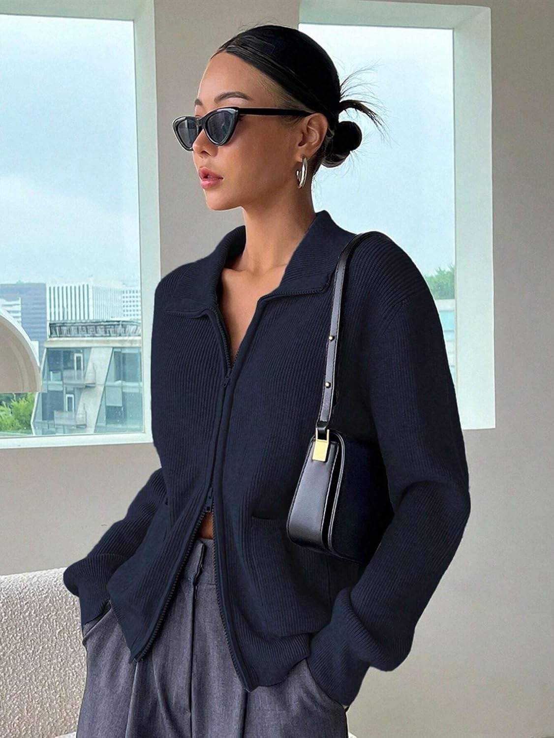 Women's Trench Coat Drop Shoulder Zip-Up Long Sleeve Casual Blouse Classic Overcoat
