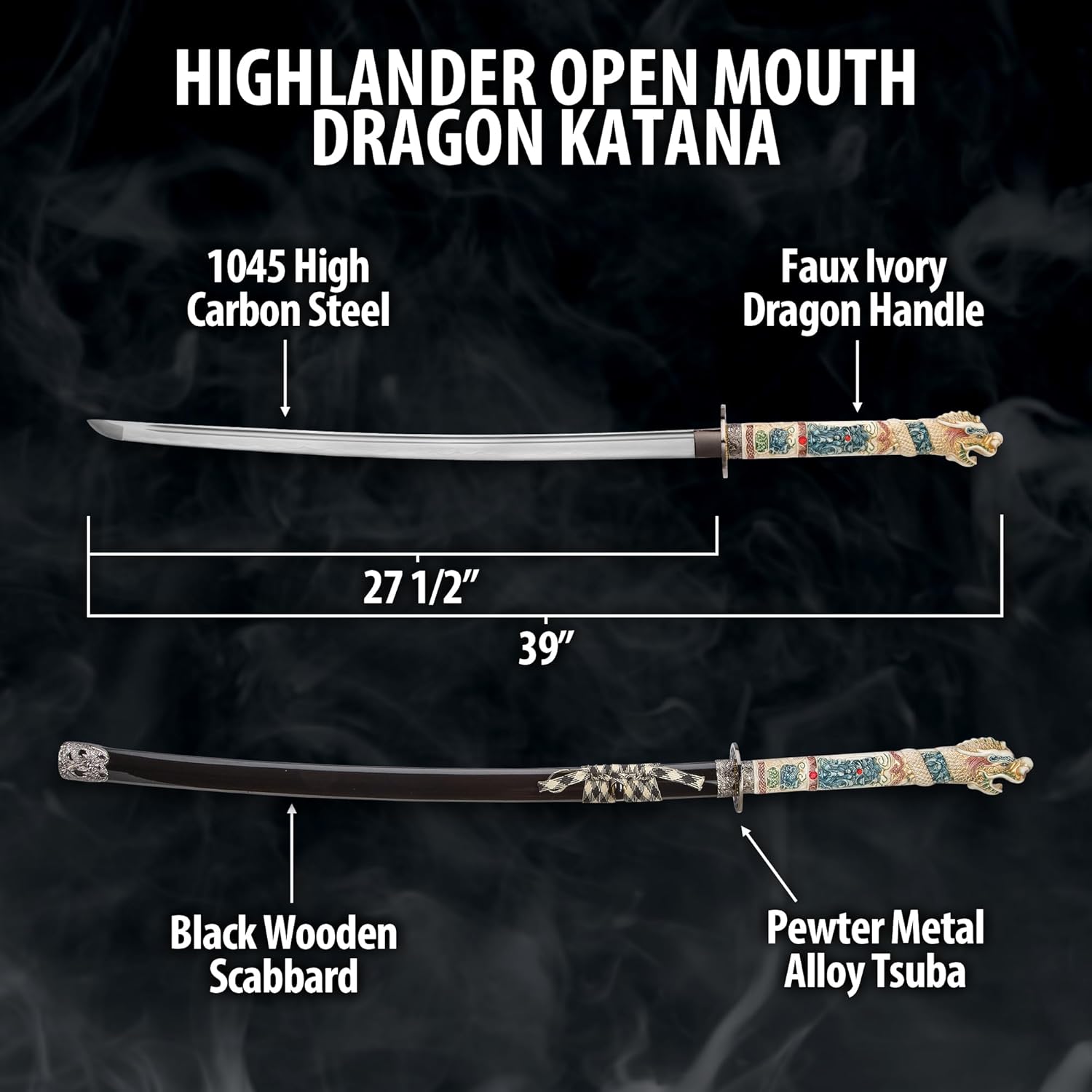 Highlander Open Mouth Dragon Katana | 1045 High Carbon Steel Blade | Faux Ivory Dragon Handle with Inset Rubies | Pewter Metal Alloy Tsuba and Habaki | Black Lacquered Scabbard | 41" Overall Length