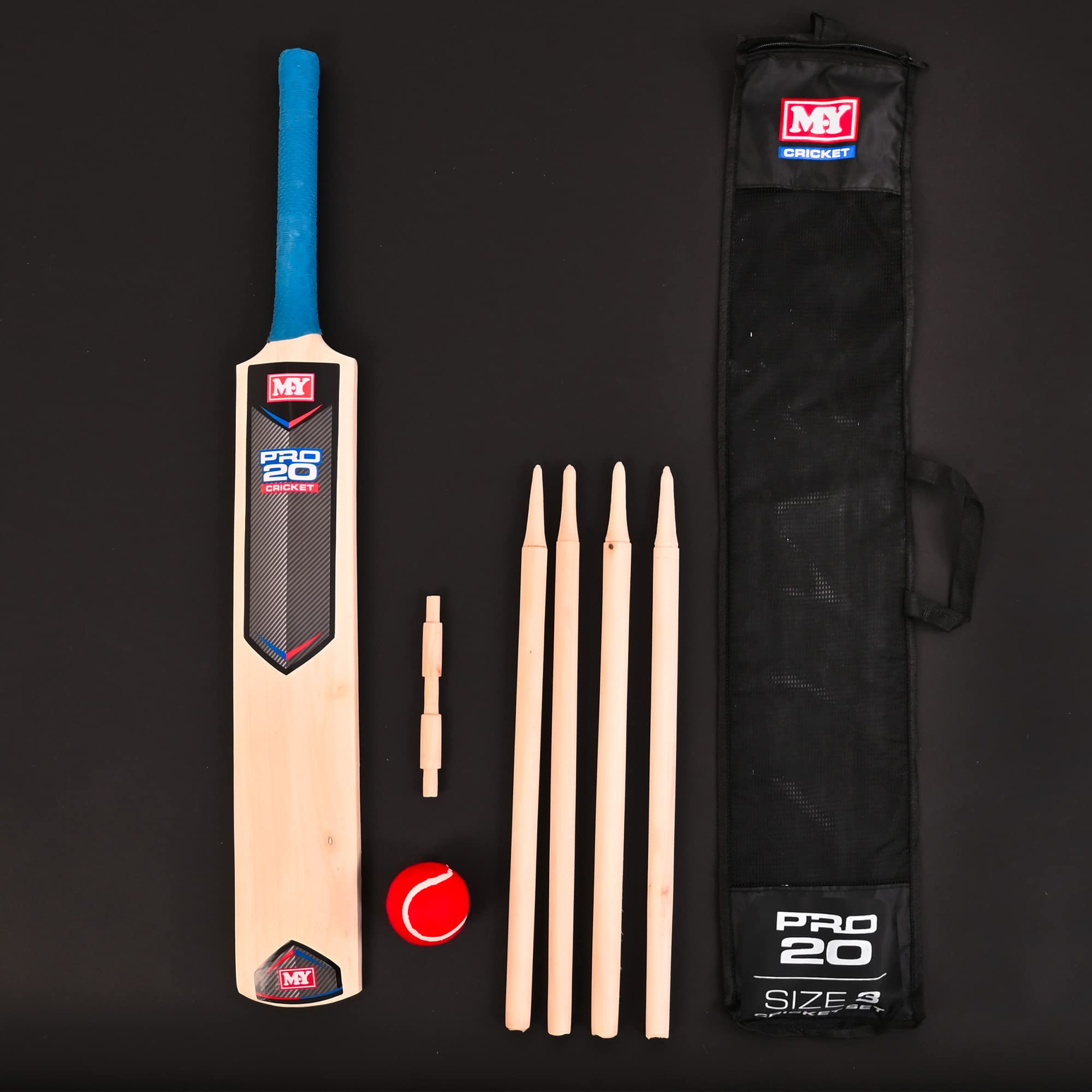 M.Y Set da cricket da 7 pezzi, con borsa per il trasporto, include mazza da cricket, paletti e palla morbida