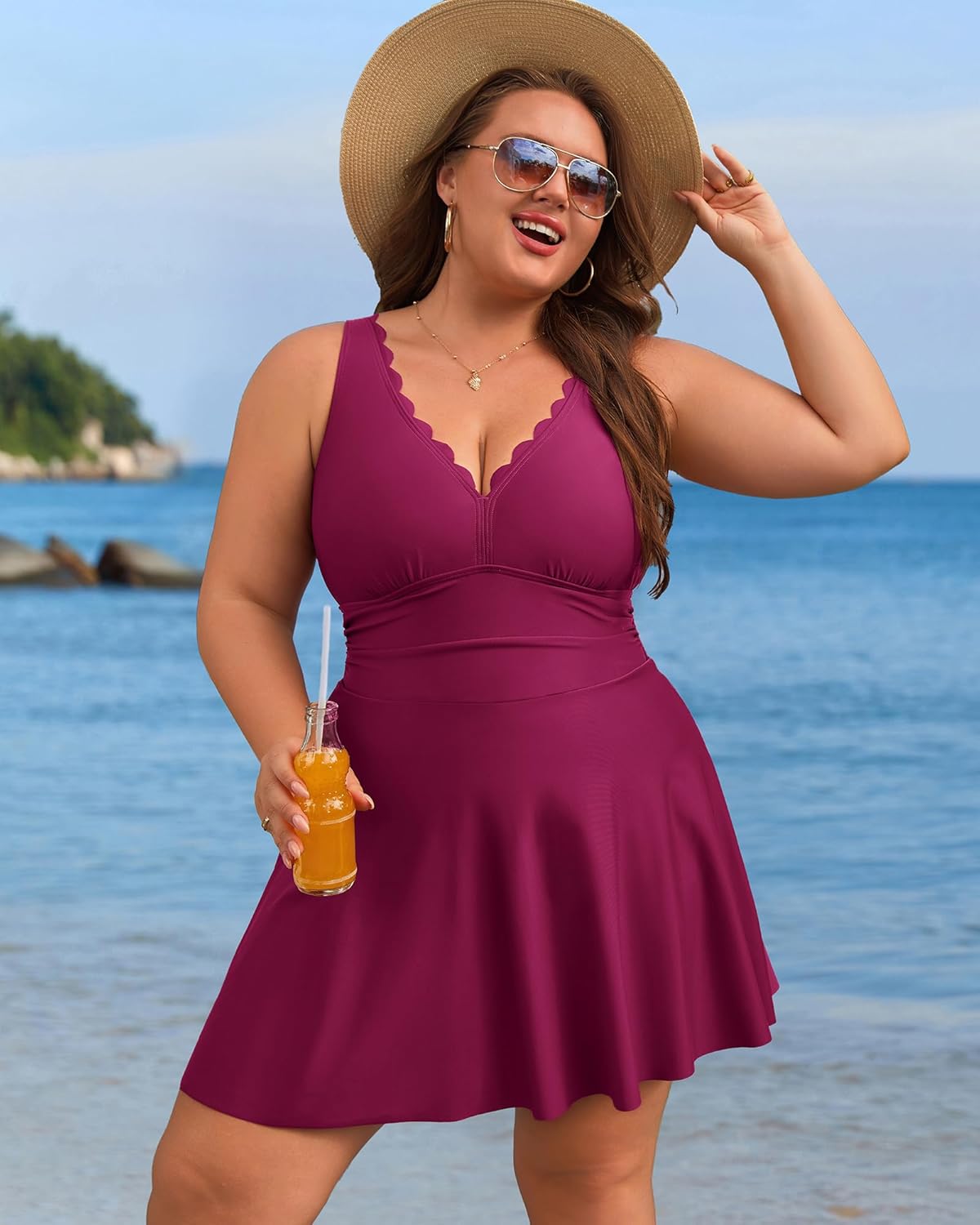 Charmo Women Plus Size Swimdress One Piece Swimsuit Ruched Tummy Control Bathing Suit Scalloped V Neck Flowy Swimwear - Image 8