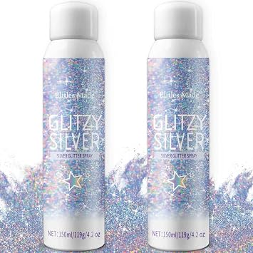 Hair Glitter, 2PCS Body Glitter Spray Glitter Hairspray for Kids Women, Long-Lasting Quick-Drying Holographic Glitter Spray for Hair and 8.4 Fl OZ Holo Silver+ Holo Silver