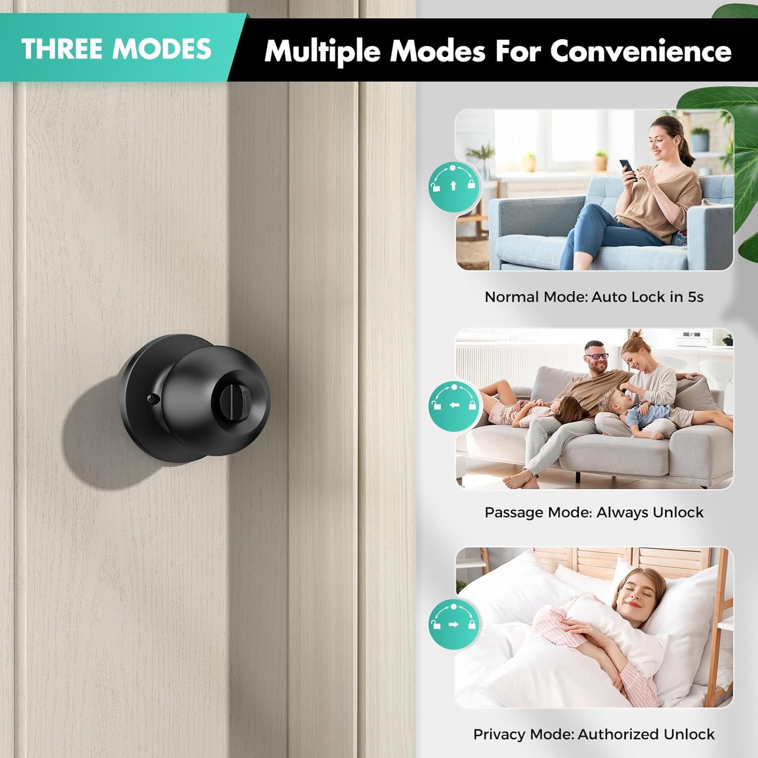 Fingerprint door lock, smart door knob with fingerprint and keypad password, App-controlled biometric door lock, keyless entry, suitable for bedrooms, offices, hotels, and apartments (matte black)