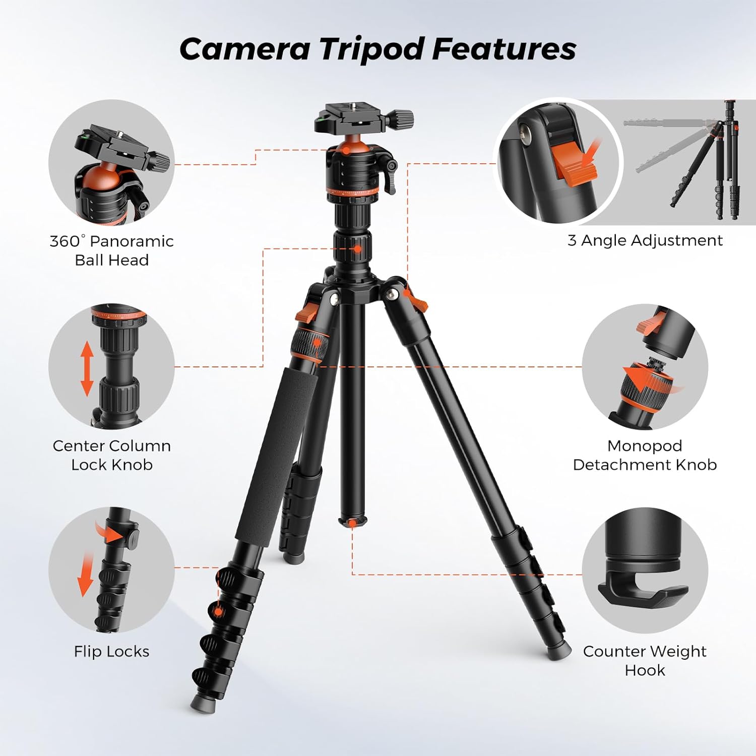 NearStream 72" Camera Tripod with 360° Ball Head, Heavy Duty Aluminum Adjustable 21–72 Inch Tripod/Monopod, 9 lb Load Professional Tripod for DSLR, Camera, Photography, Video Recording& Live Streaming