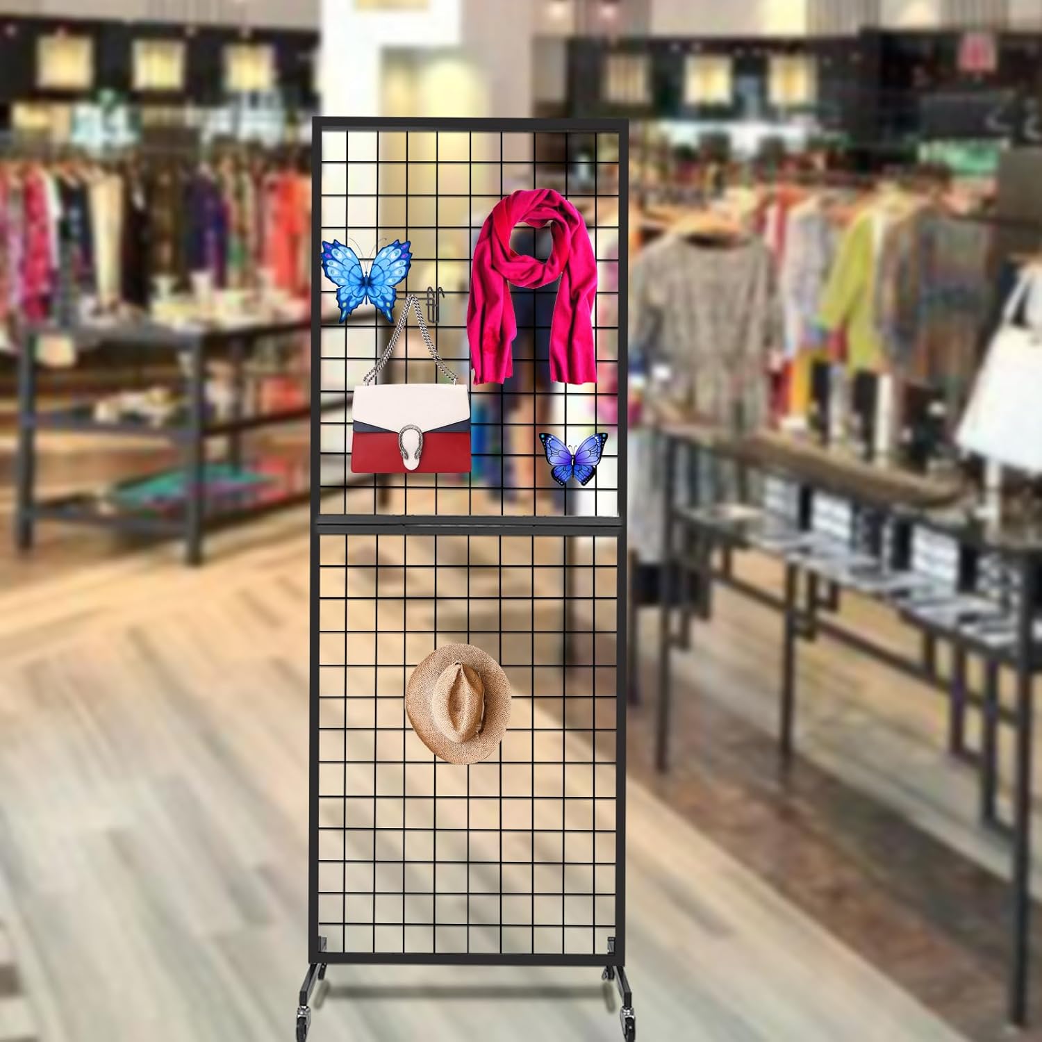 1 Pack 3'x 6' + 2 Packs 2'x 6' Gridwall Panels Tower with T-Base Floorstanding, Black Wire Grid Wall with Wheels Legs, Craft Fair Display Rack, Art Display Stand.