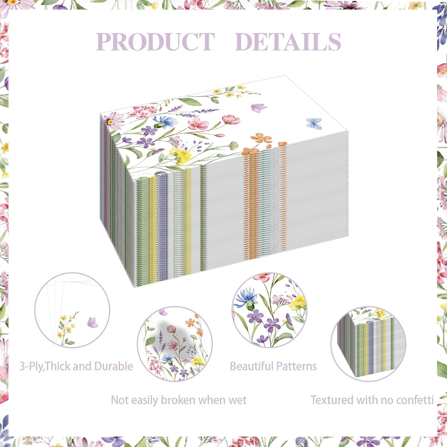 100 PCS Disposable Floral & Butterfly Paper Napkins, Summer Wild Flower Dinner Napkins Guest Disposable Hand Towels, Birthday Garden Weddings Party Supplies image 3
