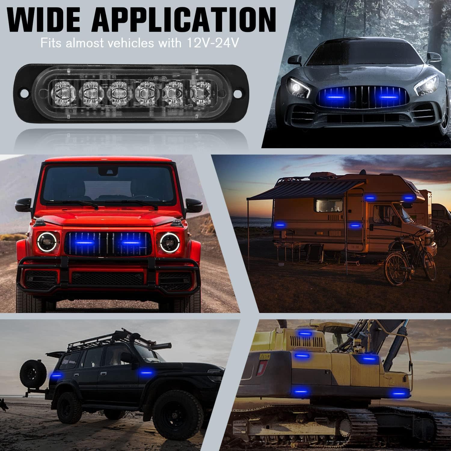 DIBMS LED Emergency Strobe Lights Bar 8x Blue 6 LED Strobe Warning Emergency Flashing Light Caution Construction Hazard Light Bar For Car Truck Van Off Road Vehicle ATV SUV Surface Mount