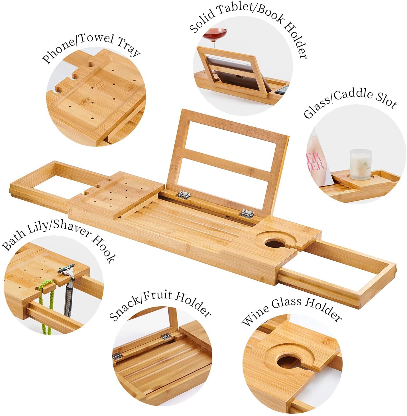 Utoplike Vassoio di bambù retrattile vasca da bagno,Mensola Vasca da Bagno | Organizer per vasca da bagno con portasciugamani per bicchieri da vino e tablet, regalo distintivo per Natale