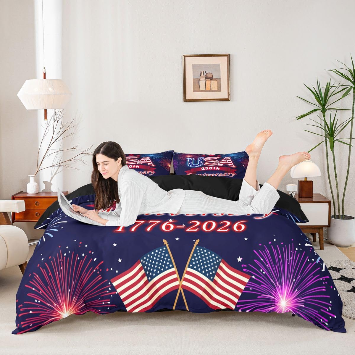 jejeloiu 250 Anniversary USA Duvet Cover Full Size Boys Girls American Patriotic Flags Bedding Set Breathable Soft Comforter Cover 3Pcs Bedroom Decor No Comforter Microfiber Zipper Closure