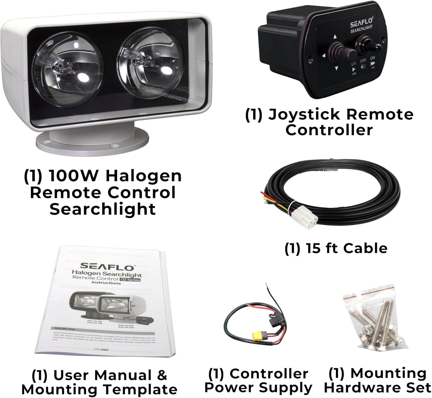 SEAFLO 03 Series 360° Rotating 12V DC Remote Control Halogen Boat Searchlight –100W, IP65 Waterproof, Beam Distance: 1378 FT (420m) - CE & Rohs Certified, (Candle Power: 175000cd, Voltage: 12V)