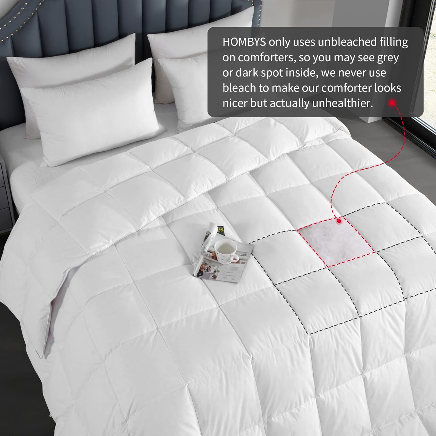 HOMBYS Feather and Down Comforter, Oversized King Comforter 120 x 120, White Extra Large Duvet Insert for All Season, 100% Cotton Cover Down Proof with Corner Tabs - Image 4