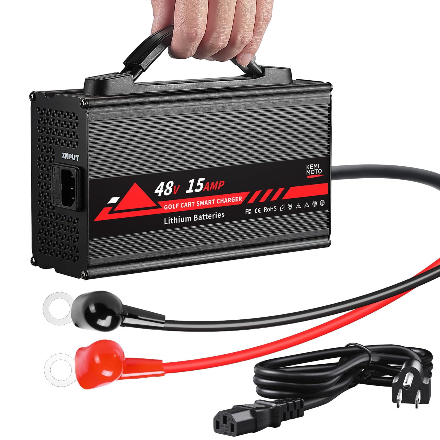 KEMIMOTO 48V Lithium Battery Golf Cart Charger Universal Fit, Onboard 15A 51.2V-58.4V Lifepo4 Battery Charger, 48 Volt Golf Cart Battery Charger, Overcharge Protection, Full in 4-6H, Trickle Charge