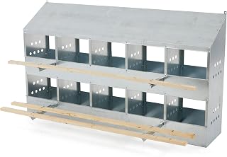 Brower 10-Hole 2-Tier Galvanized Steel Chicken Nesting Box for 50-60 Hens - USA Made, Ventilated, Hinged Perches, Rust-Resistant