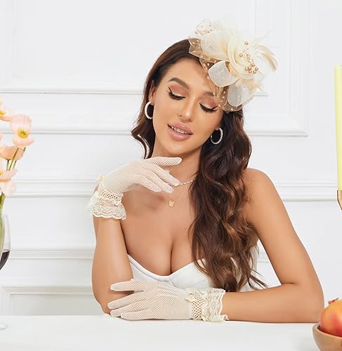 Miniatura 2 de Tocado con clip, sombrero de boda, cóctel, fiesta de té, sombreros y guantes cortos de encaje con lazo para mujer