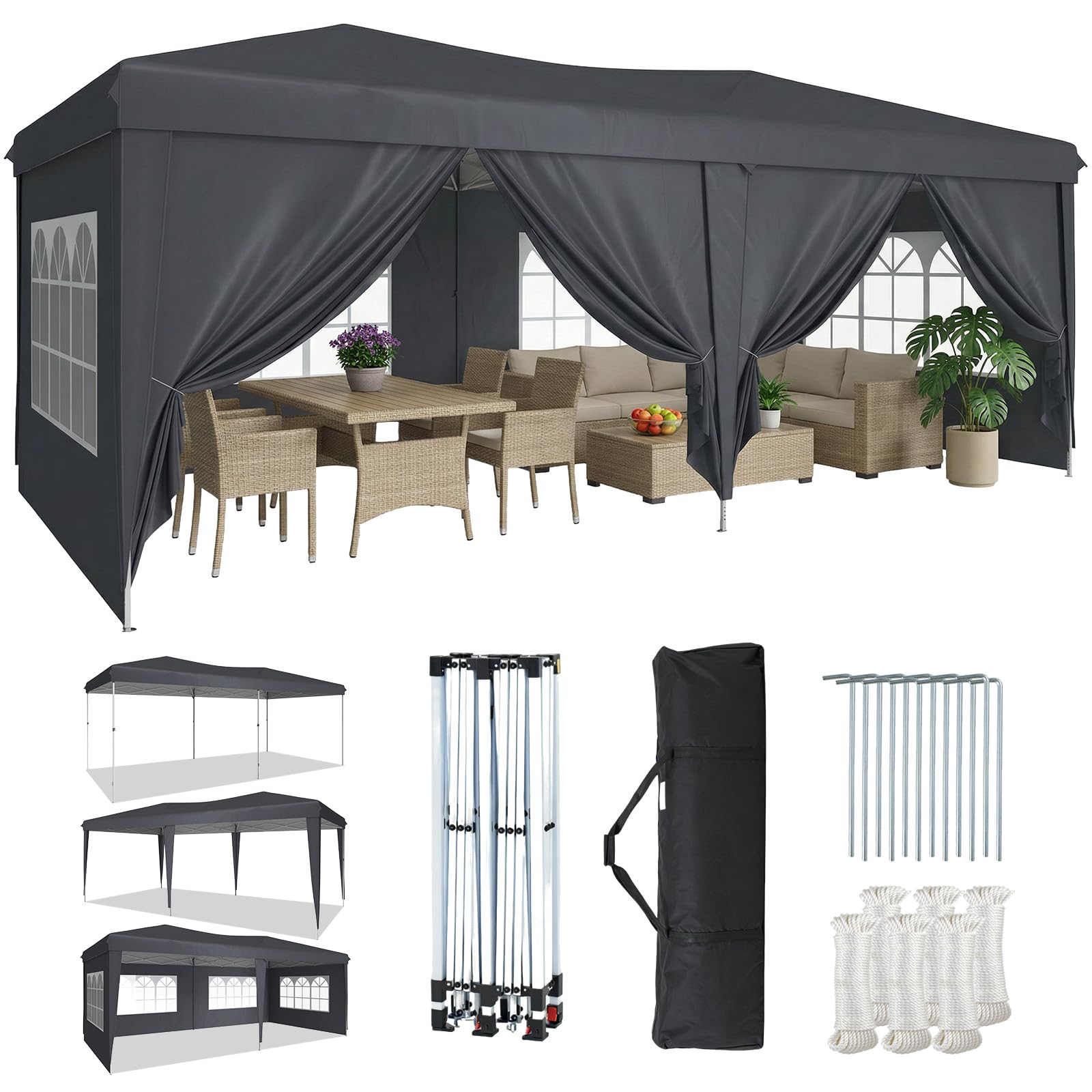 Aoxun Pop Up Gazebo 3x6m with 6 Removable Sidewalls, Waterproof Instant 10x20ft Tent, UV Protected Large Heavy Duty Party Canopy for Outdoor Events and Weddings (Grey) — image 1