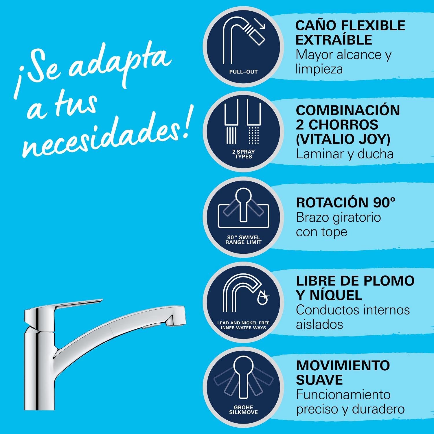 GROHE Start QuickFix, Grifo de cocina (caño bajo extraíble, giro de 90º, menor consumo de agua, sistema de instalación rápida), cromo, 30531001