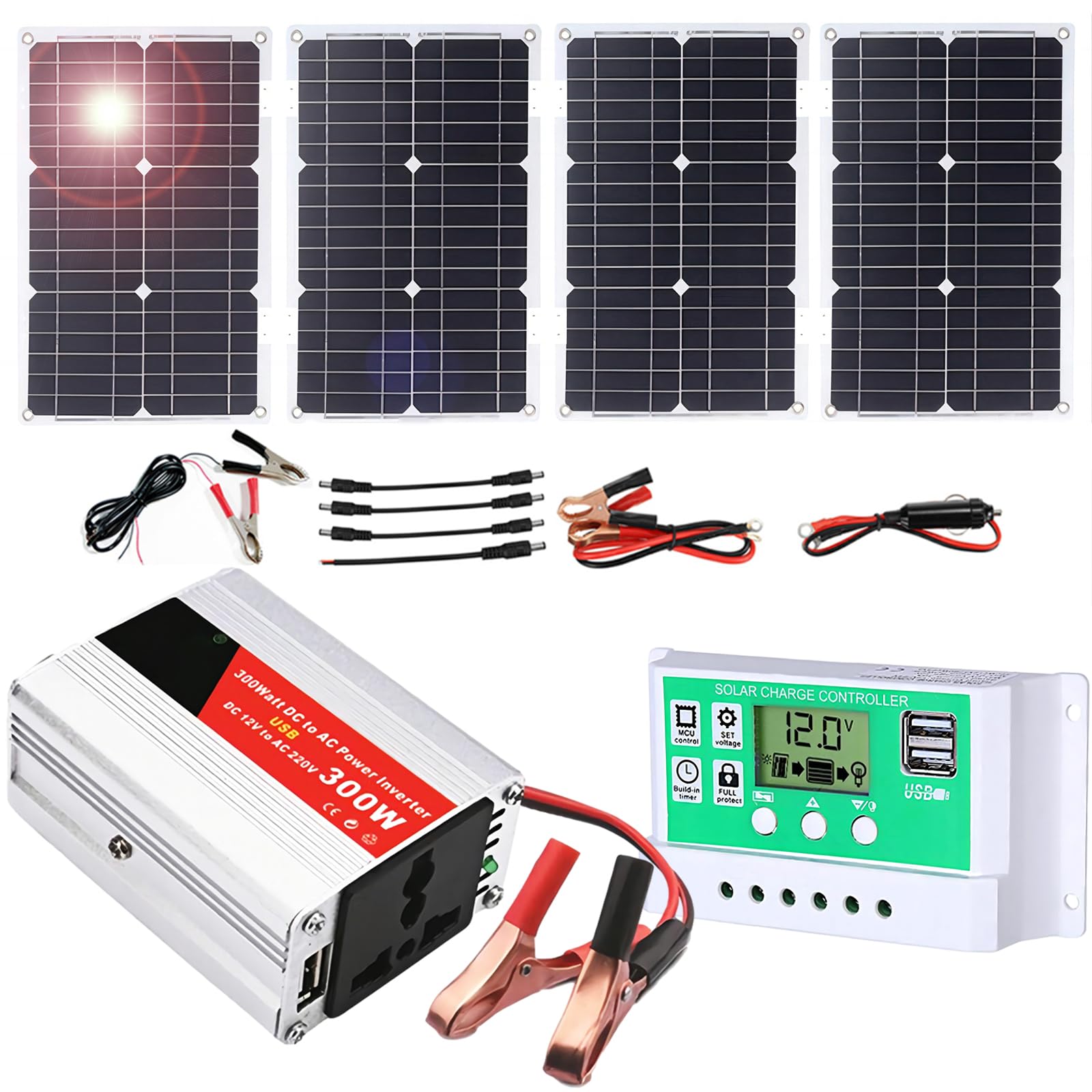 Kit Pannello Solare off-Grid da 300 W con regolatore di Carica da 50 A e Inverter for Camper, Barca, Campeggio e Altro Ancora(100W)