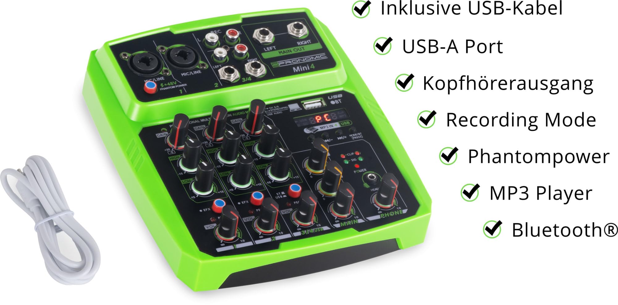 Pronomic Mini4 Mixer USB - Mixer 4 Canali Alimentato via USB - 2 Canali con Combo Jack - Ingresso Stereo - Media Player/Recorder con Bluetooth e USB - Interfaccia Audio - Verde