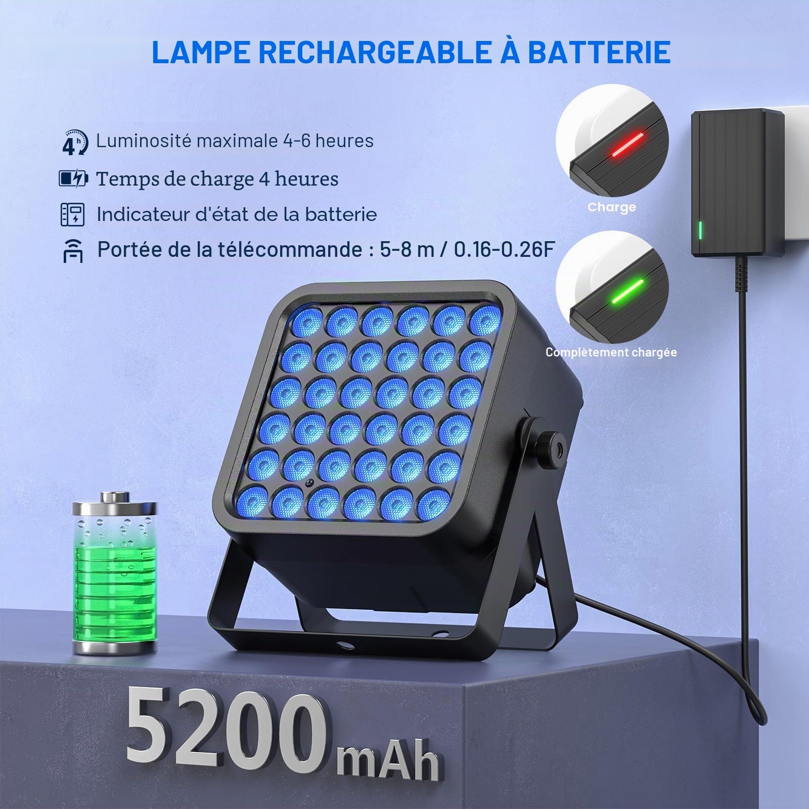 54W Par LED Batterie Rechargeable, RGBWA UV Jeu de Lumiere Scene Sans fil 5200mAh Batería avec Télécommande, Eclairage Scene 4-6h pour Exterieur Mariage Bar Spectacle Disco Noël