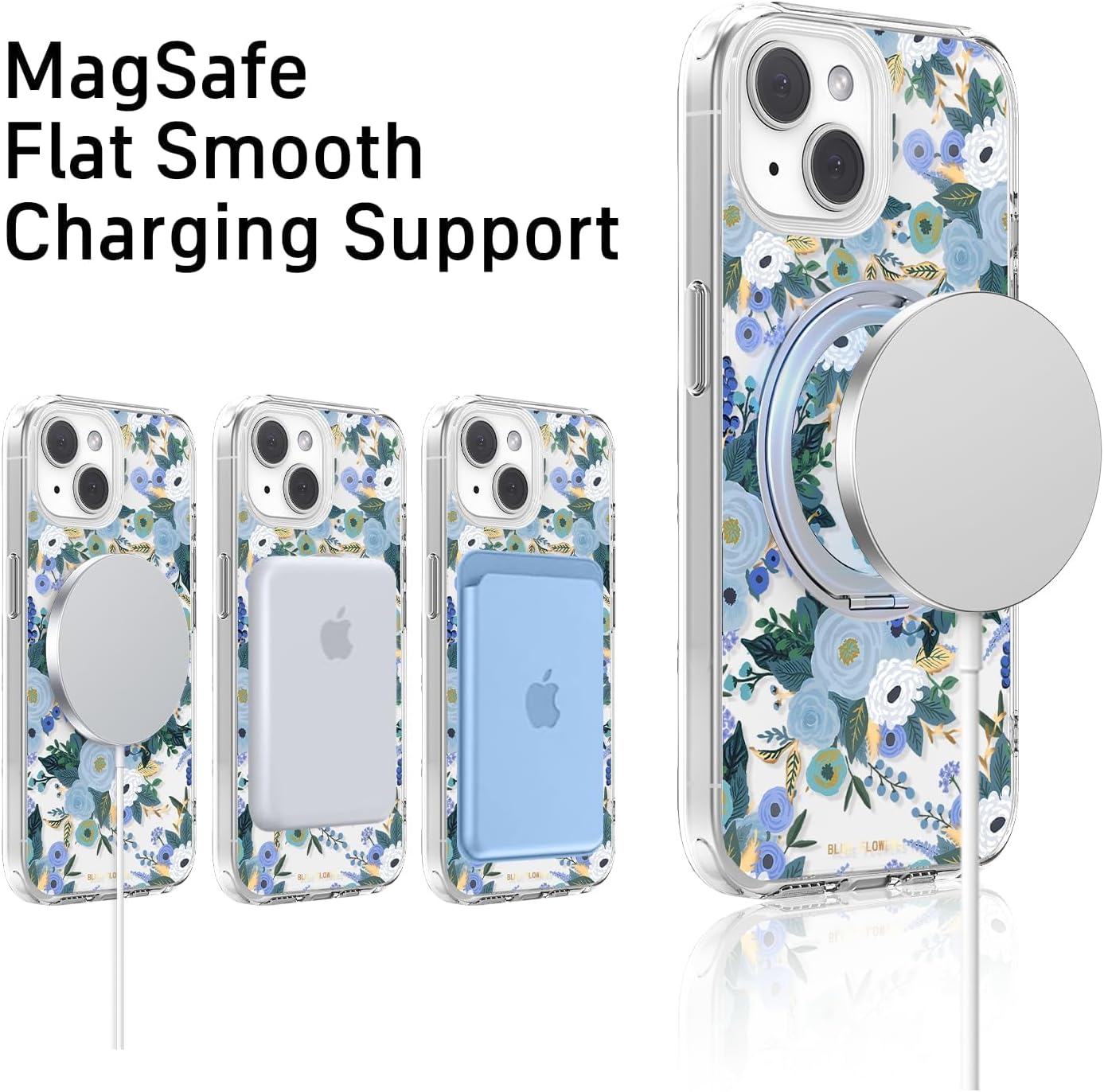 for iPhone 15 Case with MagSafe Stand Ring for Women, Cute Spring Floral Design with 360° Kickstand Holder Magnetic Shock Proof Heavy-Duty Protection Blue Flower