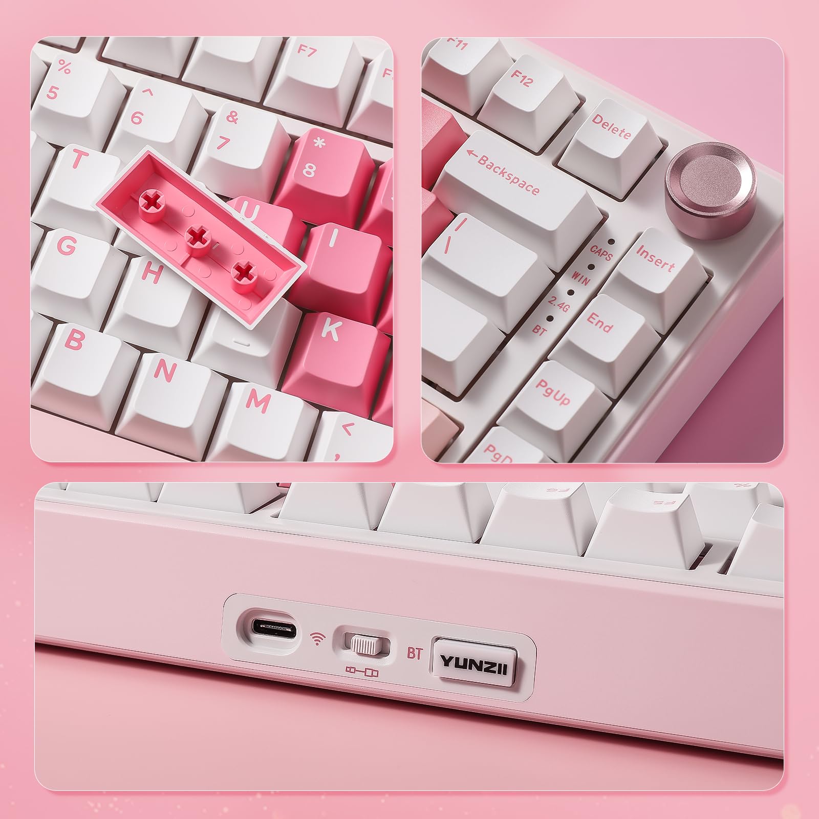 YUNZII B75 Pro Clavier Mécanique sans Fil, 75% Game Keyboard Hot Swap Custom avec Knob, Pre-lubed Switches RGB, BT/Type-C/2.4G (Blanc, Cocoa Cream V2 Switch)