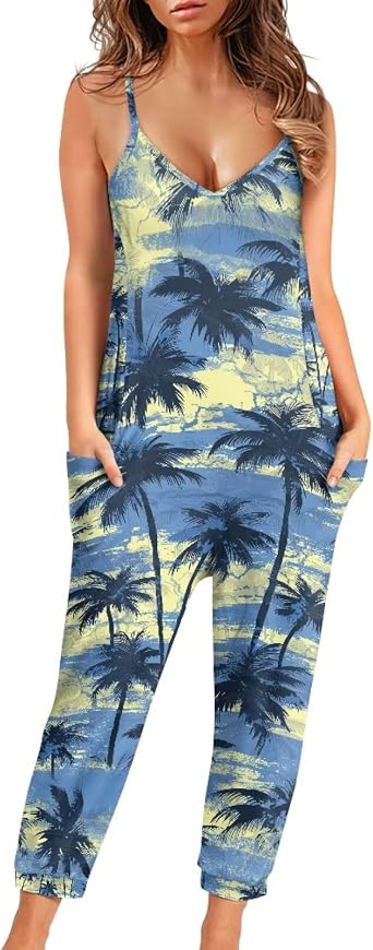 Tropical Jumpsuits for Women Hawaiian Flamingos Strap V with Pockets Jumpsuit