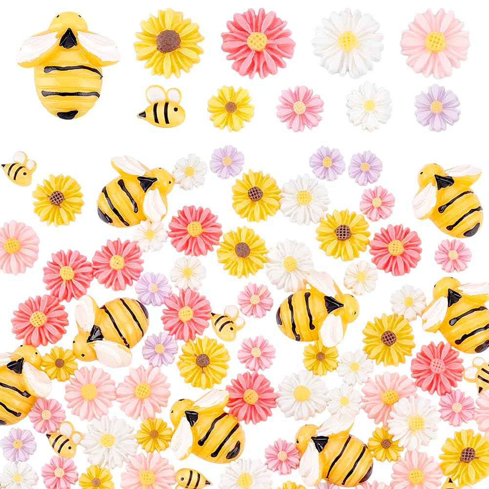 PH PandaHall 100pz Fiore Margherita Api Cabochon 10 Stili Ciondoli in Resina Fiore Api Margherita Decorazione Girasole Ciondoli per Fai Da Te Scrapbooking Decorazioni per Feste