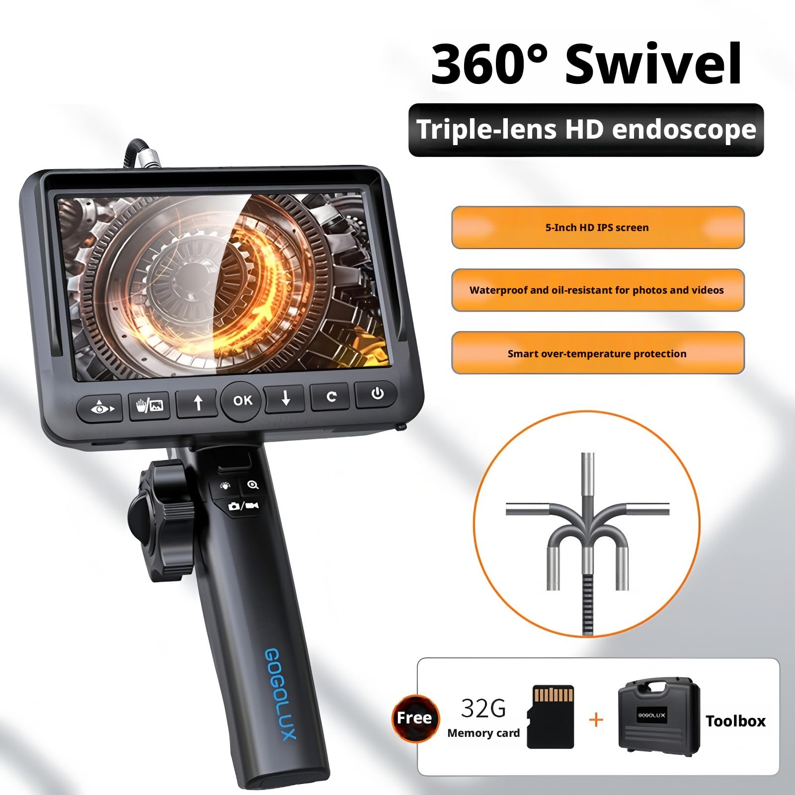 BorescopeGL-500L Inspection camera Endoscope 8.5mm 5M Triple Lens 1080P