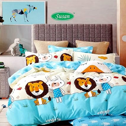 SUSAN Aster Double Polycotton Bedsheet 90x100 with 2 Pillow Covers, Kids B (Blue)