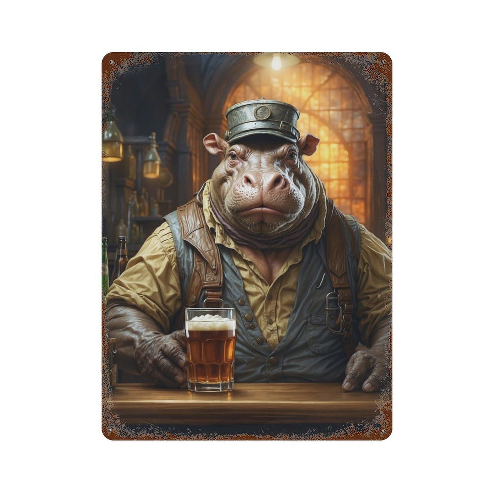 Steampunk Craft Beer Hippo 15.7"x11.8" Vintage Rust Metal Sign, Shabby Chic Decor for Garage, Bar And Workshop Decor