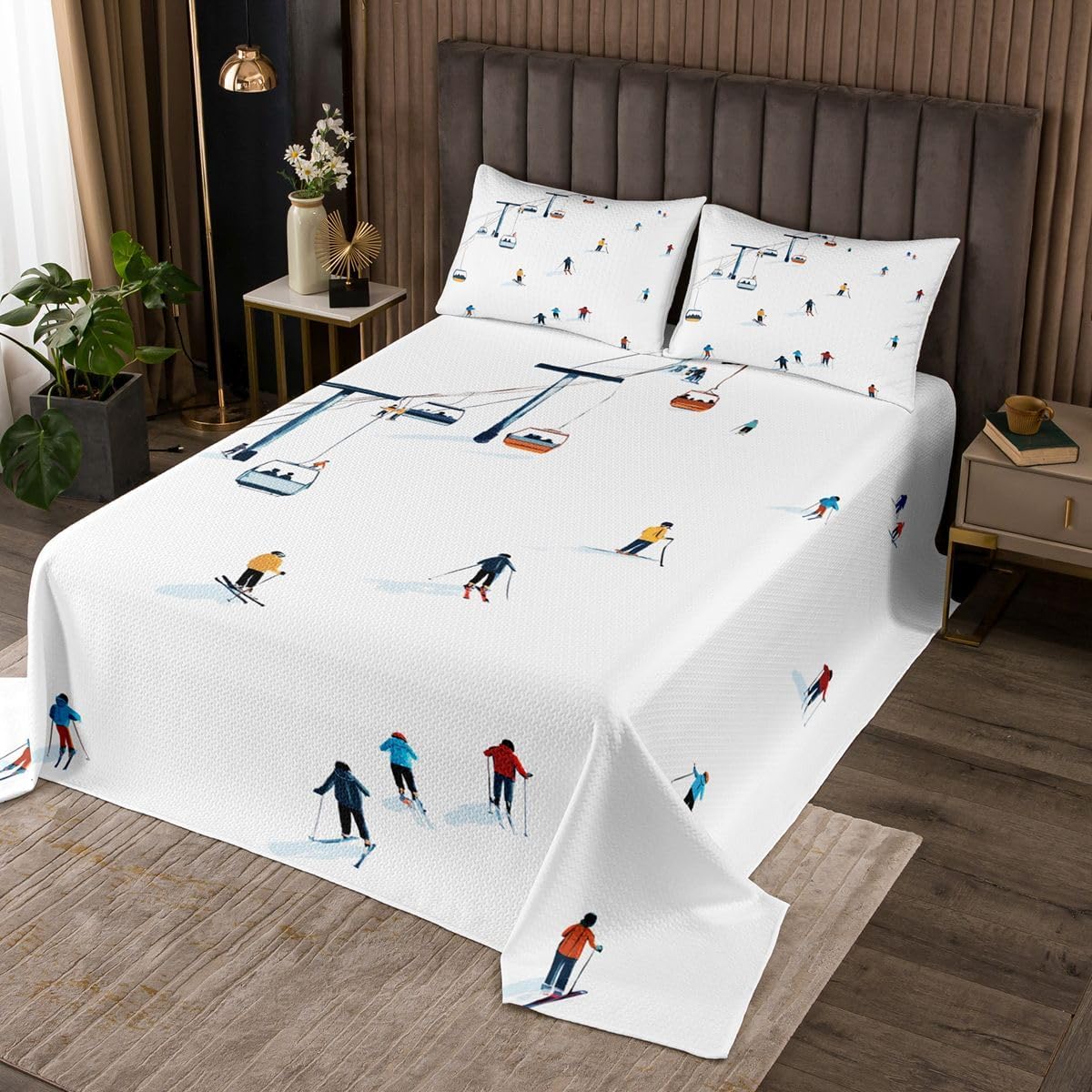 Manfei Ski Sports Bedspread,Winter Extreme Games Quilt Set for Kids Teens,Skiing Sports Style Bedding Set,White Blue 2 Pcs Coverlet Set with 1 Pillow Sham,Twin Size