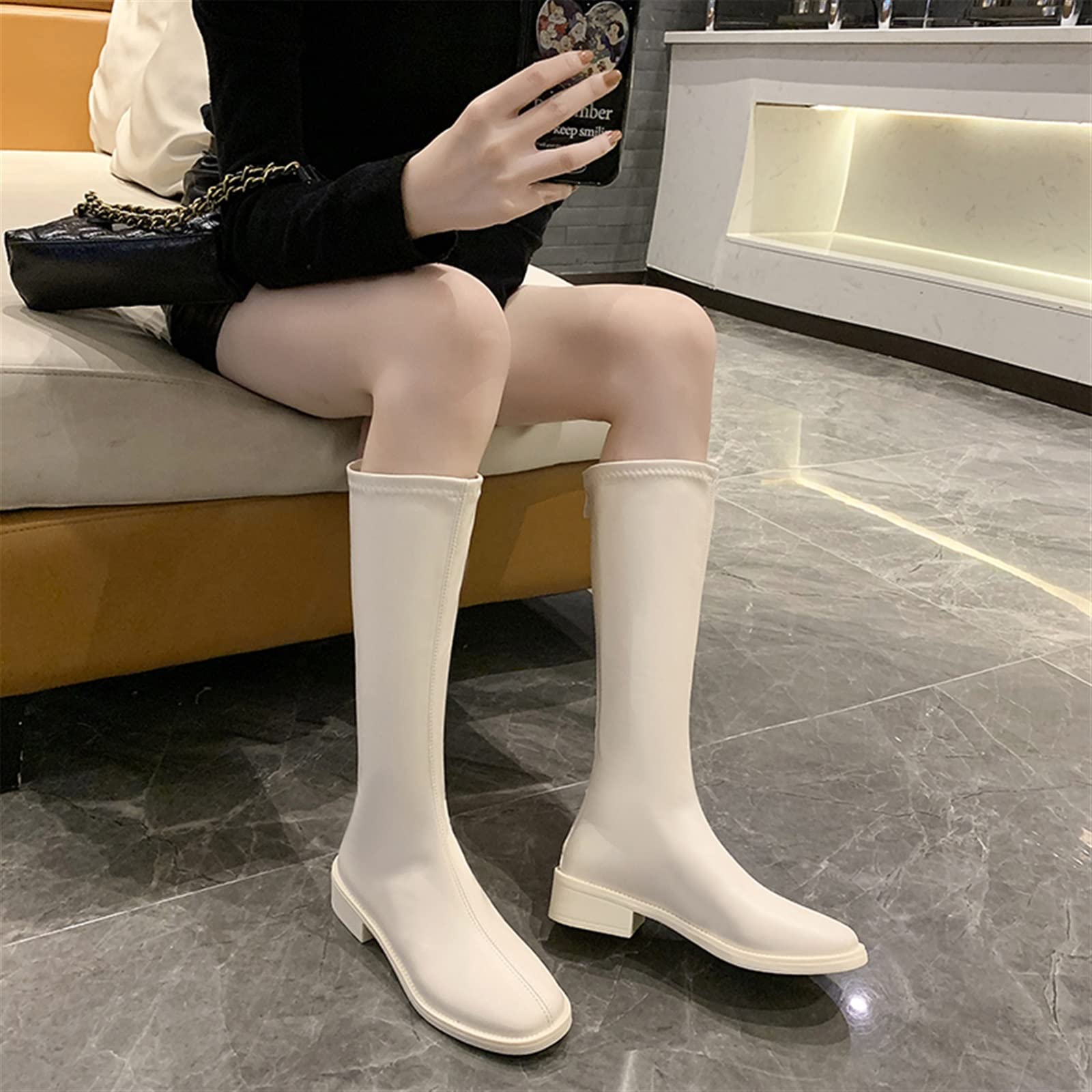 Botas para Mujer Botas de Montar Zapatos de Mujer Cuero Real Tacón Medio Botas hasta la Rodilla Punta Cuadrada Tacones con Cremallera Botas largas Otoño Invierno