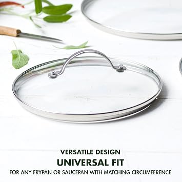 GreenPan 8.5 Universal Glass Lid with Stainless Steel Handle, Tempered Glass Lid for Frying Pan Skillet, PFAS-Free