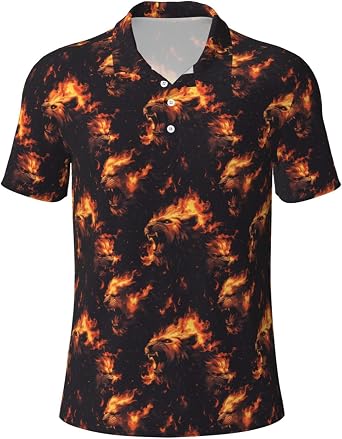 Flame Lion Dark Print Polo Shirts for Men-Funny Golf Shirts for Mens Short Sleeve Polos Polo T Shirts