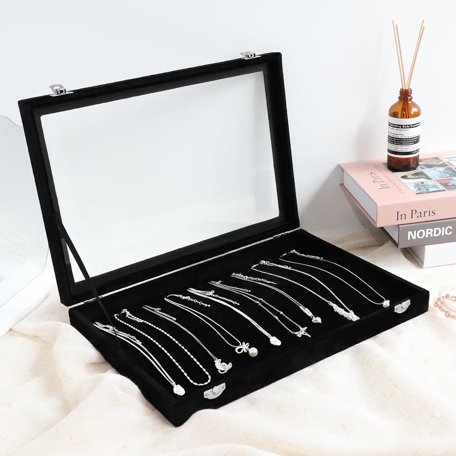 Wudygirl Jewelry Organizer Necklace Organizer Box 20 Hooks Necklaces Holder Display Case Black Velvet Jewelry Organizer with Clear Lid(Black Necklace Tray)