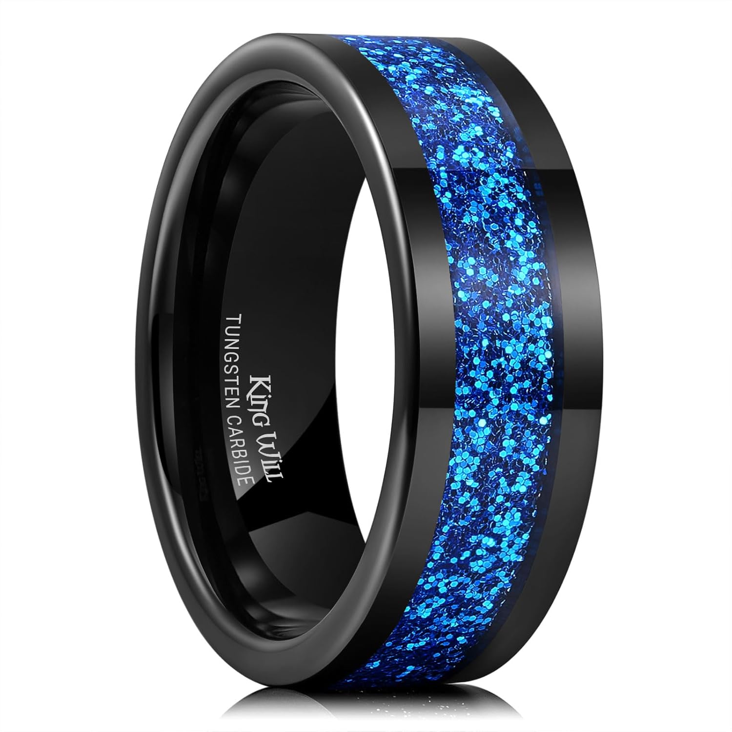 King Will Black Tungsten Wedding Ring for Men Women- 8mm Width Wedding Band Beveled Edge with Multicolor Sand Inlay in Waves/Fire Pattern Comfort Fit Size 7-13