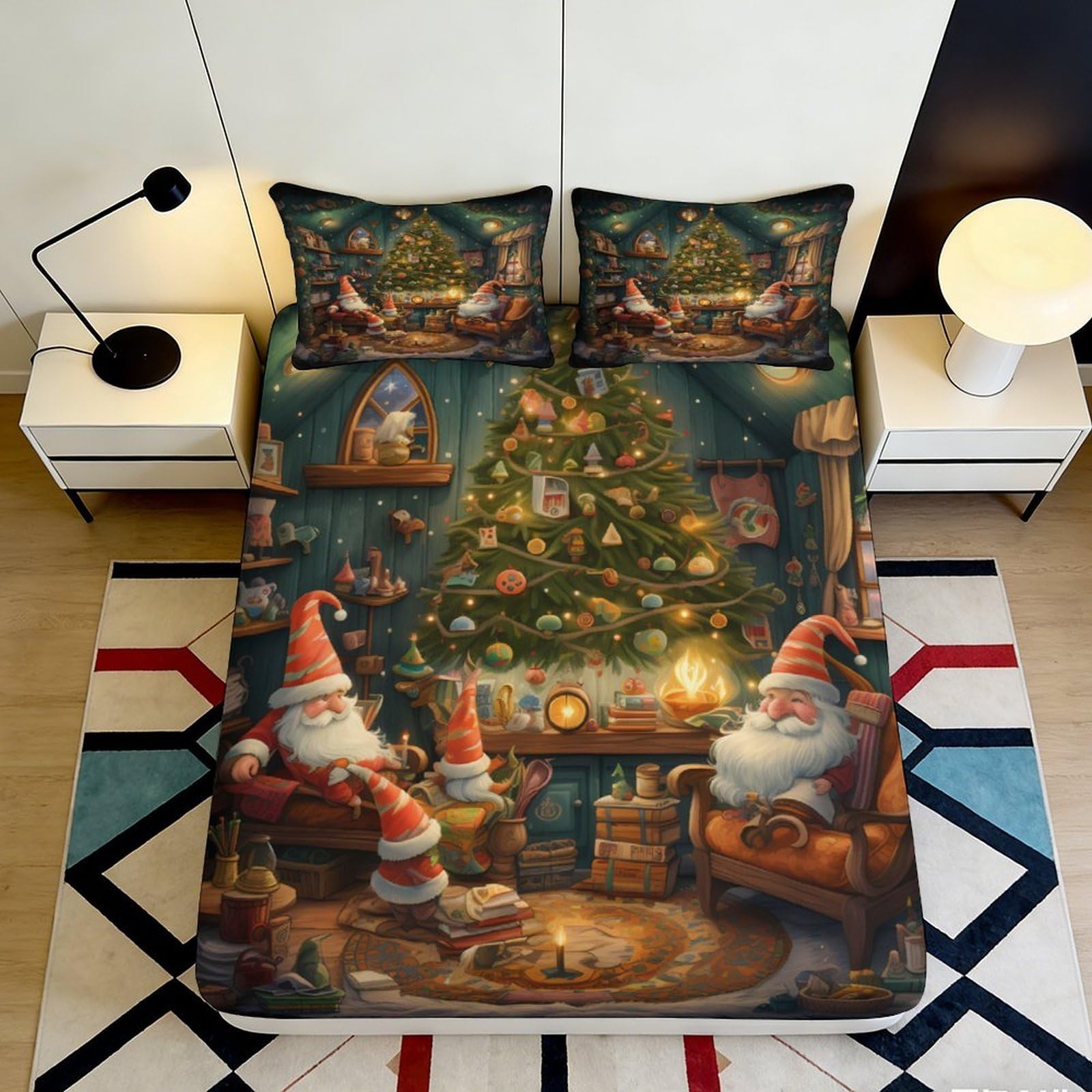 3D Printed Christmas Tree Fitted Sheet Microfiber Festive Santa Claus Mattress Cover for Bedroom Guest Room Decor 180x200x25cm