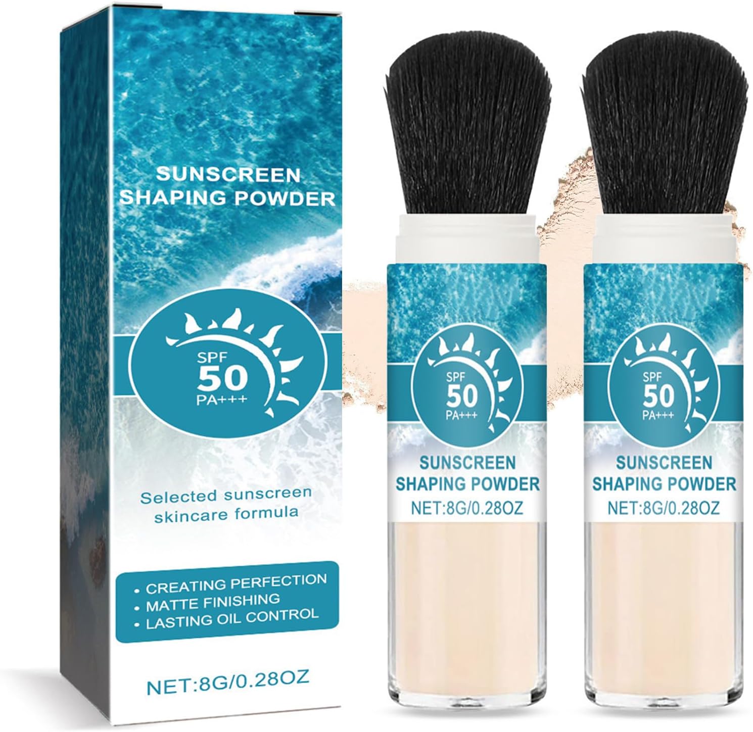 SPF 50 Sunscreen Powder, 2 Pack Matte Loose Powder with Brush, Oil Control, Durable Set Powder, Waterproof Makeup Powder, Light Breathable, Suitable for All Skin Types