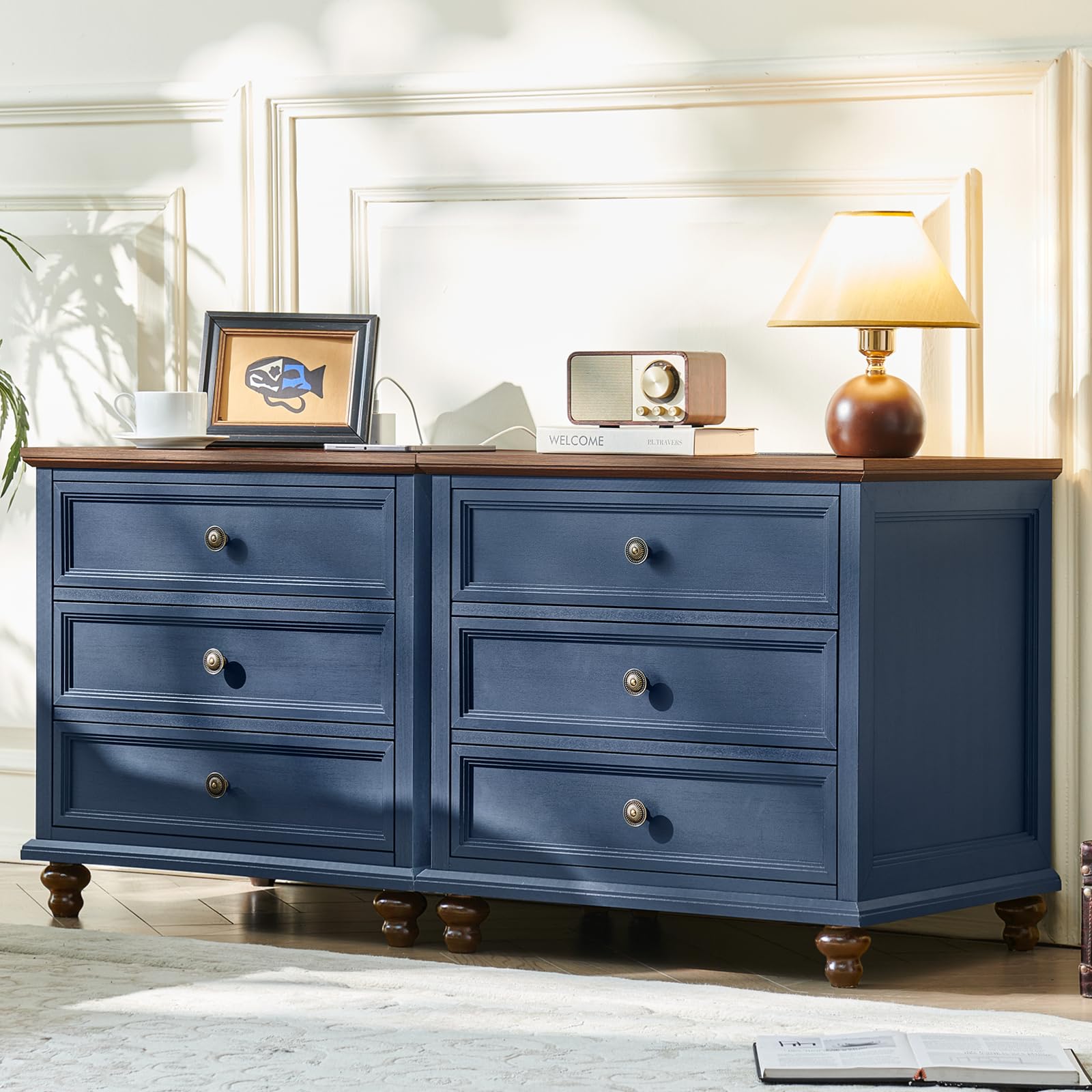 Joaxswe Farmhouse Nightstand Set of 2 with Charging Station, 24" Wide End Table with 3 Drawers,Dresser for Bedroom,Bed Side Table Chest of Drawers Cabinet,Wood Blue Night Stand for Living Room