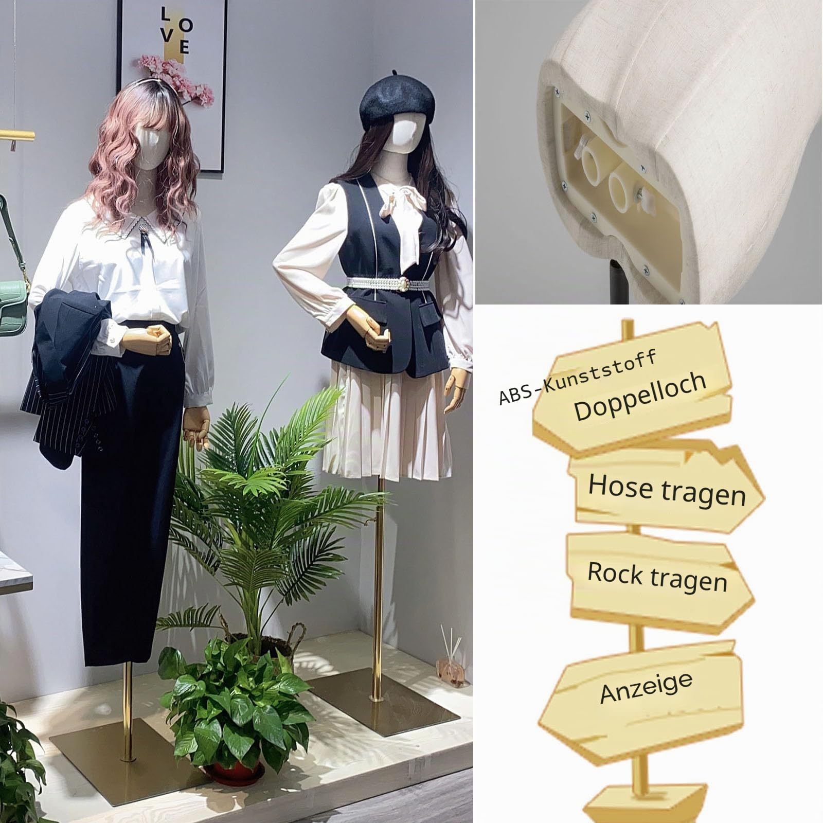 Jueraori Schaufensterpuppe Körper Weiblich, Schneiderpuppe mit Holz Armen, Mannequin Torso mit Verstellbare Höhe 140-190cm, Damenbüste Kleiderpuppe Ausstellungsstand (Schwarz, MEDIUM)