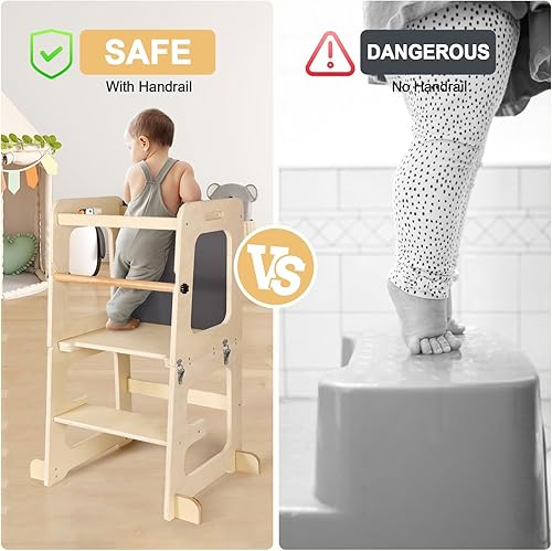 Miniatura 5 de Montessori - Escalón de cocina para niños con rieles de seguridad extraíbles, antideslizante para niños pequeños, taburete de madera natural