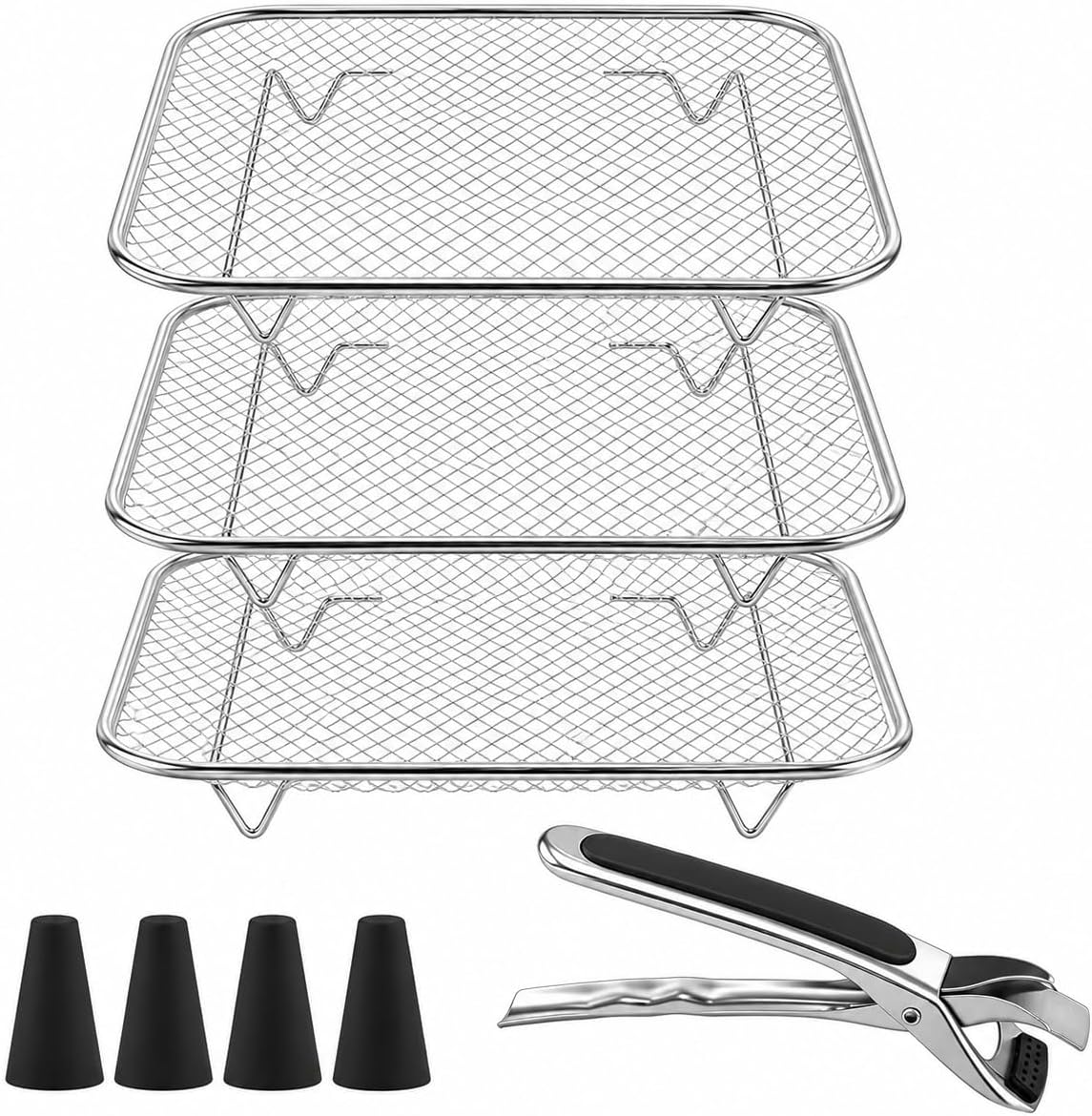 3-Tier Air Fryer Rack Set, 8.3 x 8.3 in Square Stackable Dehydrator Rack, Stainless Steel Air Fryer Accessories with Tongs, Silicone Feet for Crispy Wings, Jerky, Fruit Chips