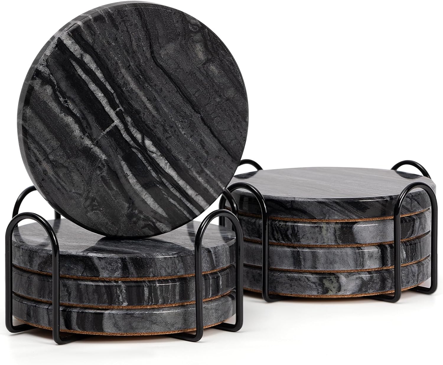 2 Sets of 4 Marble Coasters with Holder for Different Spaces, Elegant Round Black Marble Coaster for Coffee Table Decor, Gift-Boxed for Housewarming (8 Pack Stone Coasters & 2 Holders)