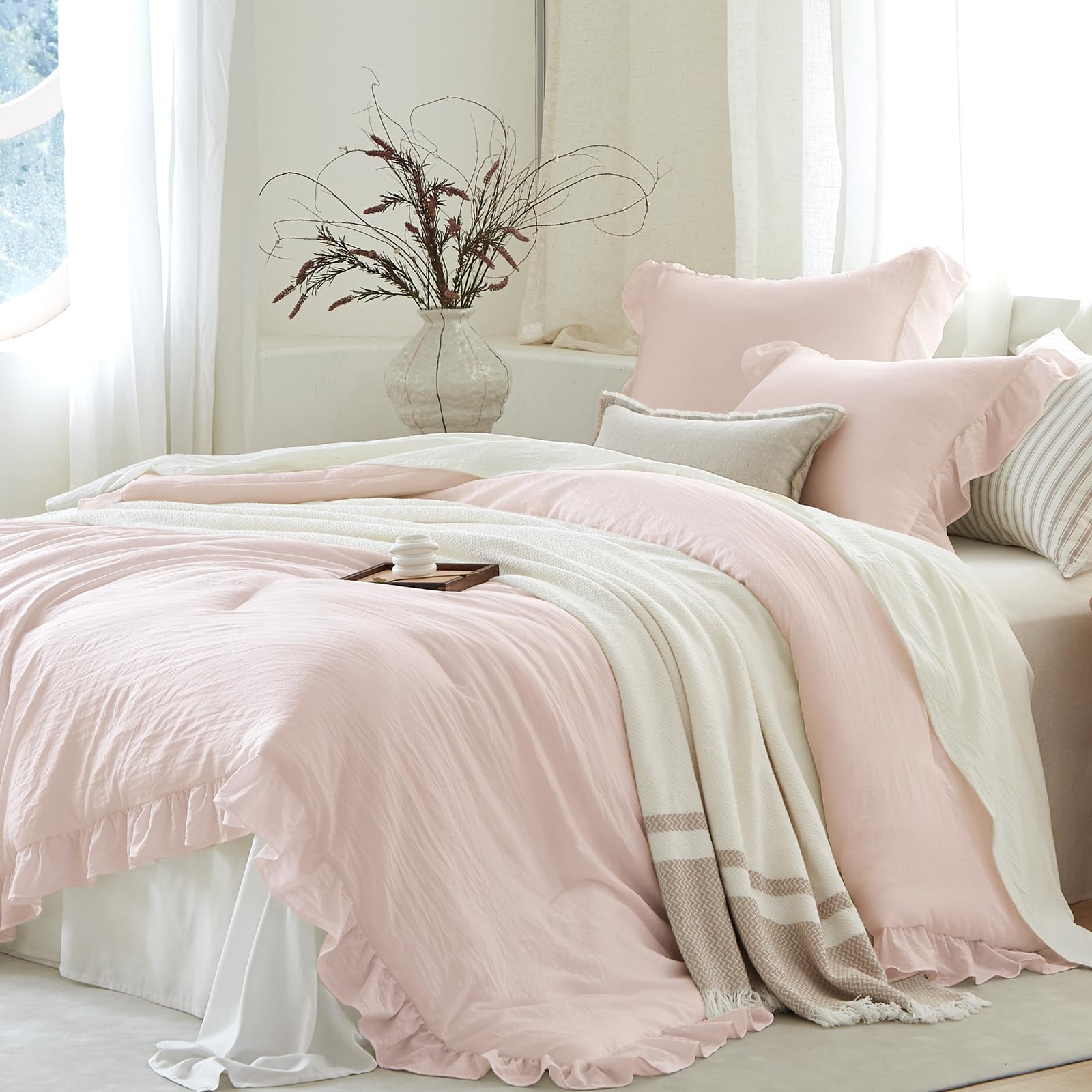 Pink Ruffle 3 Pieces Comforter Set Queen Shabby Chic Bedding Set